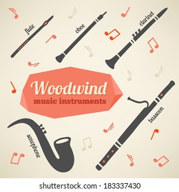 Vector collection of woodwind music instruments