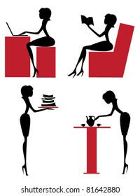 vector collection of working and relaxing girls' silhouettes