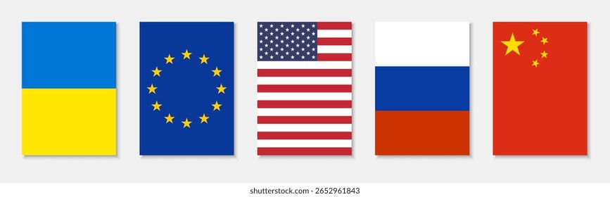 Vector collection of world flags including Ukraine, United States, China, European Union, United Kingdom and Russia in a4 poster proportions isolated on white background.