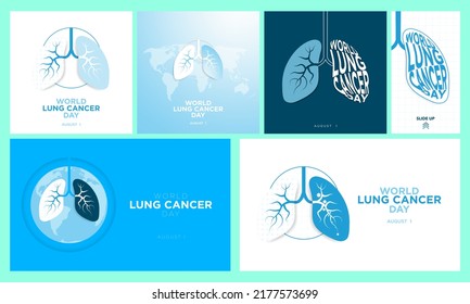 Vector Collection of World Lung Cancer Day Greeting Cards, banners, and story. Celebrated on August 1. Modern Illustration of lungs in blue and white. Lung Typography. For social media, print, design.