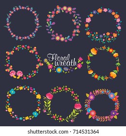 Vector collection wreath floral set, wreath of flowers frame, beautiful floral round frames with summer flowers, full color style, vintage of hand drawn vector illustration, nature design elements.