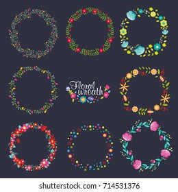 Vector collection wreath floral set, wreath of flowers frame, beautiful floral round frames with summer flowers, full color style, vintage of hand drawn vector illustration, nature design elements.