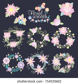 Vector collection wreath floral set, wreath of flowers frame, beautiful floral round frames,  pastel color style, nature design elements, vintage of hand drawn vector illustration