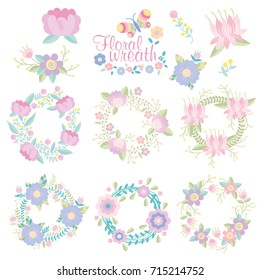 Vector collection wreath floral set, wreath of flowers frame, beautiful floral round frames,  pastel color style, nature design elements, vintage of hand drawn vector illustration