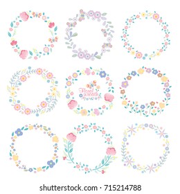 Vector collection wreath floral set, wreath of flowers frame, beautiful floral round frames,  pastel color style, nature design elements, vintage of hand drawn vector illustration