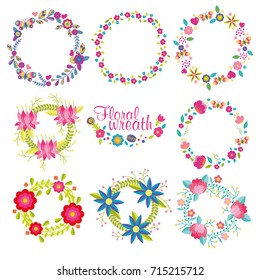 Vector collection wreath floral set, wreath of flowers frame, beautiful floral round frames with summer flowers, full color style, vintage of hand drawn vector illustration, nature design elements.