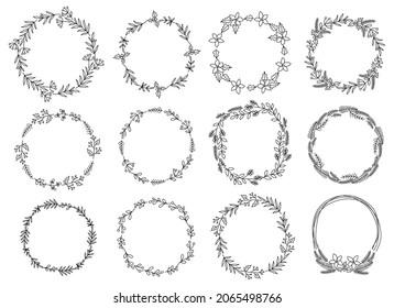 Vector collection of  wreaths for Christmas and New Year. Doodle line drawn isolated illustration. Winter holidays, baby shower, birthday, children's party