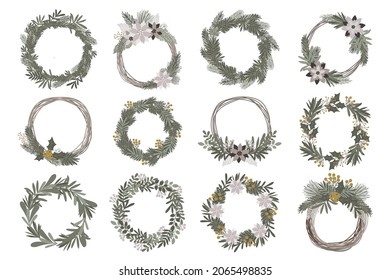 Vector collection of wreaths for Christmas and New Year. Doodle isolated illustration. Winter holidays, baby shower, birthday, children's party