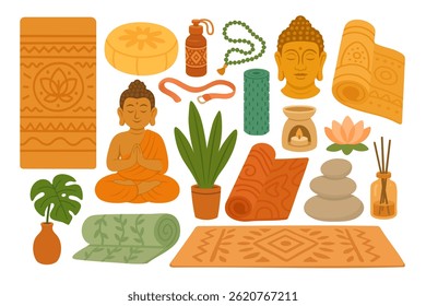 Vector collection of yoga and meditation accessories in flat cartoon style for wellness design.