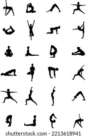 A vector collection of yoga position silhouettes for artwork compositions.