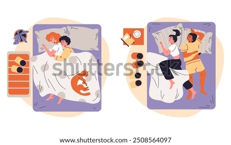Vector collection of young couples. Men and women portray a strong marital partnership and intimacy by falling asleep next to each other with a smile