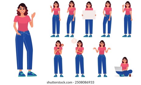 Vector collection of a young woman in various poses, expressions, and activities