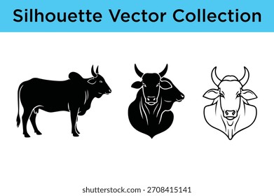Coleção vetorial de silhuetas de gado zebu, perfeito para projetos de design e gráficos com temas animais.