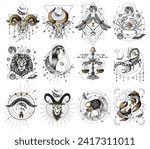 Vector collection of zodiac signs on geometric patterns. Aries, Taurus, Gemini, Cancer, Leo, Virgo, Libra, Scorpio, Sagittarius, Capricorn, Aquarius, Libra