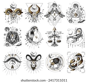 Vector collection of zodiac signs on geometric patterns. Aries, Taurus, Gemini, Cancer, Leo, Virgo, Libra, Scorpio, Sagittarius, Capricorn, Aquarius, Libra