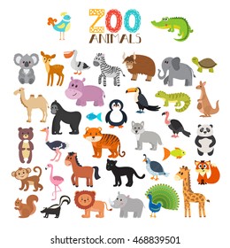 Vector Collection Of Zoo Animals. Set Of Cute Cartoon Animals. Vector Illustration