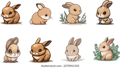 Vector collections of cartoon rabbits for children. Rabbit vector bundle