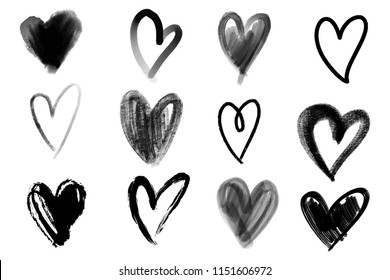 Vector collections of hand drawn grunge Valentine hearts isolated on white background.
