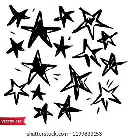 Vector collections of hand drawn grunge stars isolated on white background. Hand drawn elements. Doodle stars various look set.