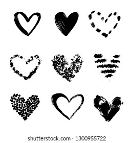 Vector collections of hand drawn grunge Valentine hearts isolated on transparent background. Heart symbol by hand. Various style hand drawn heart shapes