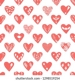 Vector collections of hand drawn hearts isolated on transparent background. Love valentines day clipart. Heart shape decorated floral elements: rose, tulip, key with wings, arrows. Seamless pattern