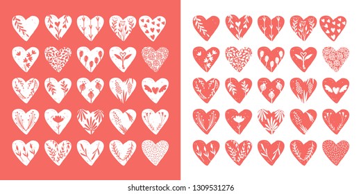Vector collections of hand drawn hearts isolated on transparent background. Love valentines day clipart. Heart shape decorated floral elements: rose, tulip, key with wings, arrows
