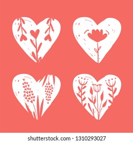 Vector collections of hand drawn hearts isolated on transparent background. Love valentines day clipart. Heart shape decorated floral elements: rose, tulip, key with wings, arrows