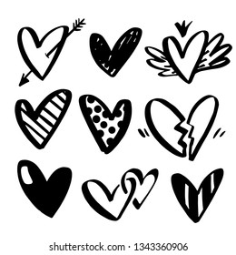 Vector collections of hand drawn hearts isolated on transparent background. Heart symbol by hand. Various style hand drawn heart shapes