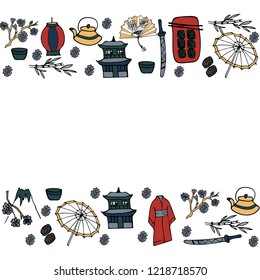 Vector collections of japanese elements in doodle styl. Icon or badge. Template for postcard, card, invitation.