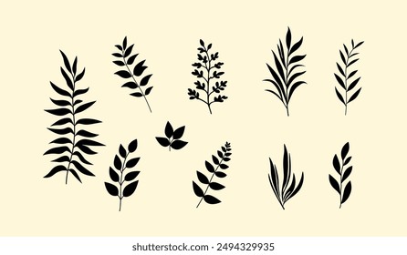 Vector collections of leaf silhouettes on a beige background. Black silhouettes with the beige background. For logos, greeting cards, wallpapers, digital artwork. Leaves elements 
