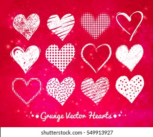 Vector collections of white grunge Valentine hearts on pink background texture with light sparkles.