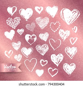 Vector collections of white grunge Valentine hearts on rose gold glitter background.