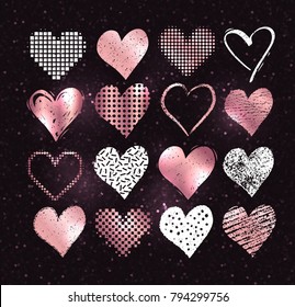 Vector collections of white and rose gold grunge Valentine hearts on dark glitter background.