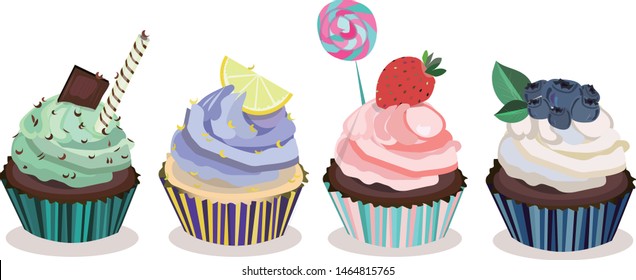 Vector collection,set of beatiful,realistic desserts,cupcakes with cream and fruits. Chocolate and mint cupcake print. Lavanda and lemon cupcake illustration. Strawberry and candy , blueberry cupcake.