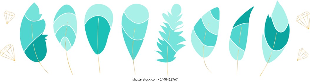 Vector collection,set of beautiful feathers. Soft colors. Turquoise shades elements. Golden contours of diamonds.