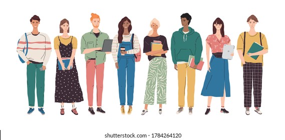 Vector college student character illustration. Group of multicultural young people with books, laptop, tablet. University boys and girls learning together. International education team concept