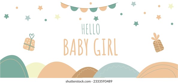 vector coloful banner Hello baby girl with pretty stars and decor