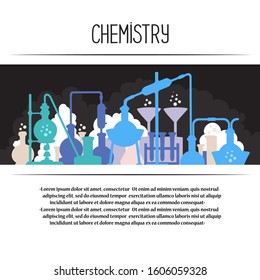 Vector coloful cover on the theme of chmistry, chemical laboratory and science. Silhouettes of special equipment and chemical reactions