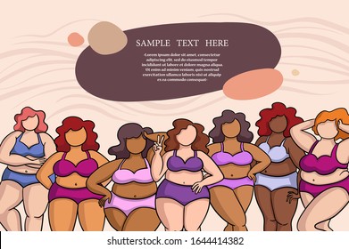 Vector coloful cover on the theme of body positive. Cartoon standing multiracial women in swimwear and place for inscription