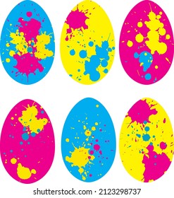 Vector coloful easter eggs set : pink, yellow, blue, with blots, drops, splashes. Isolated on white elements for art design  holiday  card, poster. invitation, package.