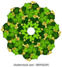 Vector Coloful Floral Background. Hand Drawn Wreath with Decorative Clover and Gold Coins. Saint Patrick's Day Holiday Template for Greeting Card