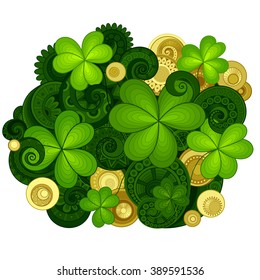 Vector Coloful Floral Background. Hand Drawn Ornament with Decorative Clover and Gold Coins. Saint Patrick's Day Holiday Template for Greeting Card