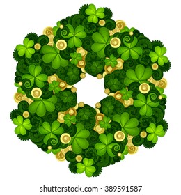 Vector Coloful Floral Background. Hand Drawn Wreath with Decorative Clover and Gold Coins. Saint Patrick's Day Holiday Template for Greeting Card
