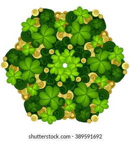 Vector Coloful Floral Background. Hand Drawn Wreath with Decorative Clover and Gold Coins. Saint Patrick's Day Holiday Template for Greeting Card