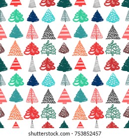Vector coloful forest of xmas trees seamless pattern. Merry Christmas and happy new year greeting card backdrop design. Retro hand drawn flat art on white background.