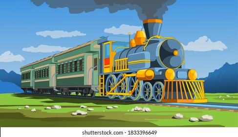 Vector Coloful Page With 3d Model Train And Bright Landscape. Beautiful Vector Illustration With Train Travel. Vintage Retro Train Graphic Vector