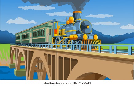 Vector Coloful Page With 3d Model Train On The Bridge. Beautiful Vector Illustration With Train Travel. Vintage Retro Train Graphic Vector