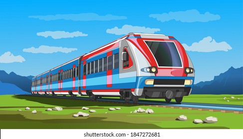 Vector Coloful Page With 3d Model Modern High-speed Train And Bright Landscape. Beautiful Vector Illustration With Train Travel. Scatch Train Graphic Vector