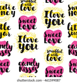 Vector coloful seamless pattern with sweet words. Ink  lettering. Hand drawn words: hello, honey, sweet, candy, love, kisses and graphic elements print of lipstick, lights of a sun and hearts