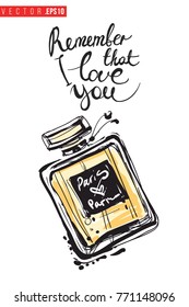 Vector cologne with motivational text: remember that i love you. Fashion accessory illustration in glamour style for beauty salon, shop, blog print. Isolated symbol on white background.